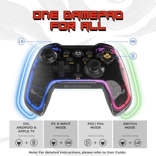 EvoFox One Universal Bluetooth Gamepad For PC, iOS, iPadOS, Android and PS4, Dynamic Rgb Lights, Transparent Design, Programable Buttons, Turbo Mode with The Dojo App, Detachable Mobile Clamp, and More 6