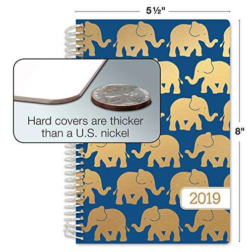 HARDCOVER Calendar Year 2019 Planner: (November 2018 Through December 2019) 5.5"x8" Daily Weekly Monthly Planner Yearly Agenda. Bonus Bookmark, Pocket Folder and Sticky Note Set (Blue Elephants) 4