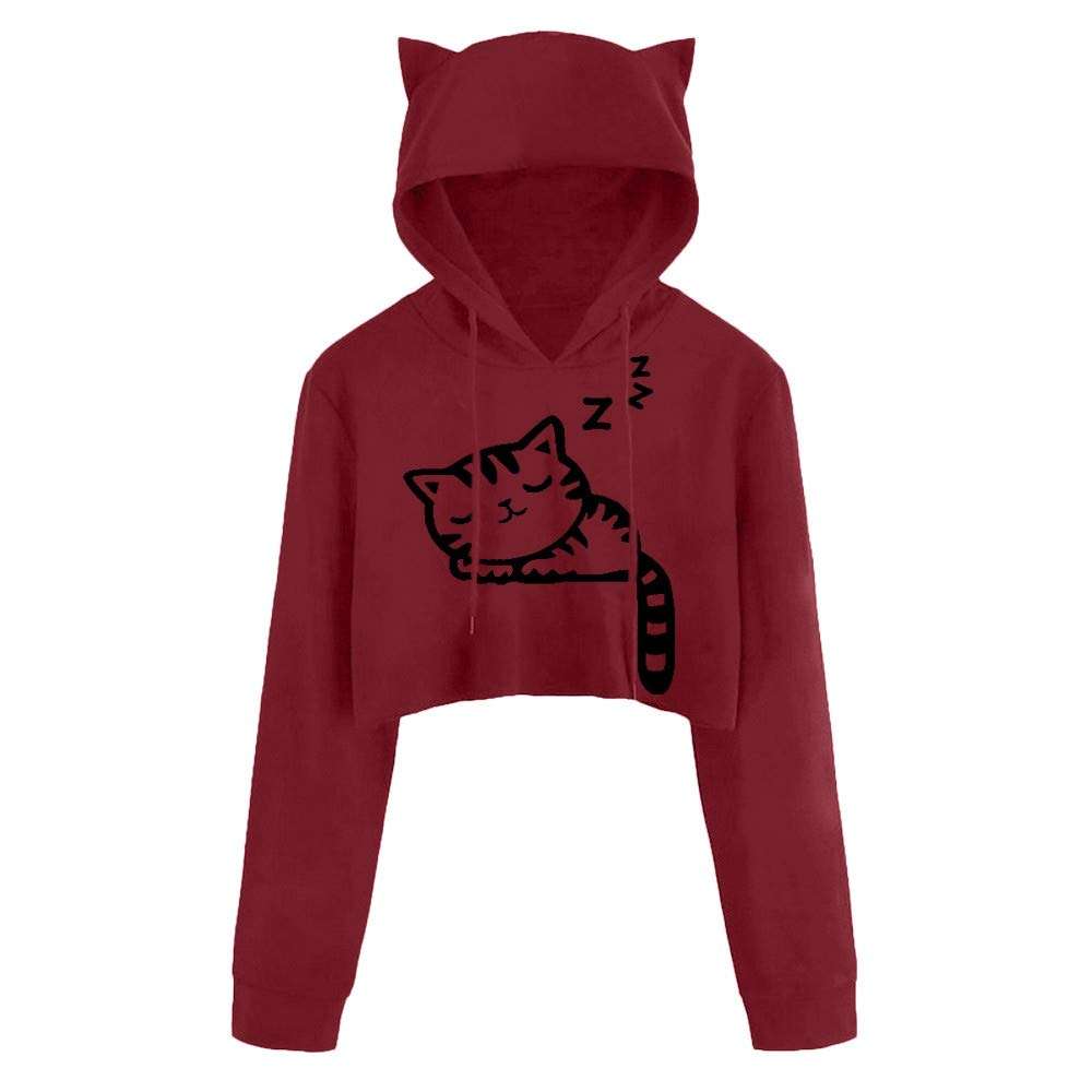 Womens Sweatshirts and Hoodies Hessimy Women's Cropped Hoodie Cute Cat Ear Long Sleeve Cotton Sweatshirts Wine Red 1