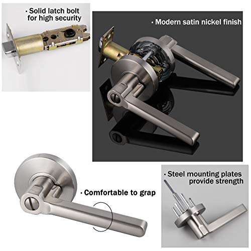 Knobonly 2 Pack Privacy Interior Heavy Door Levers Right or Left Handed for Bedroom/Bathroom Keyless Handleset Brushed Nickel Finish 5