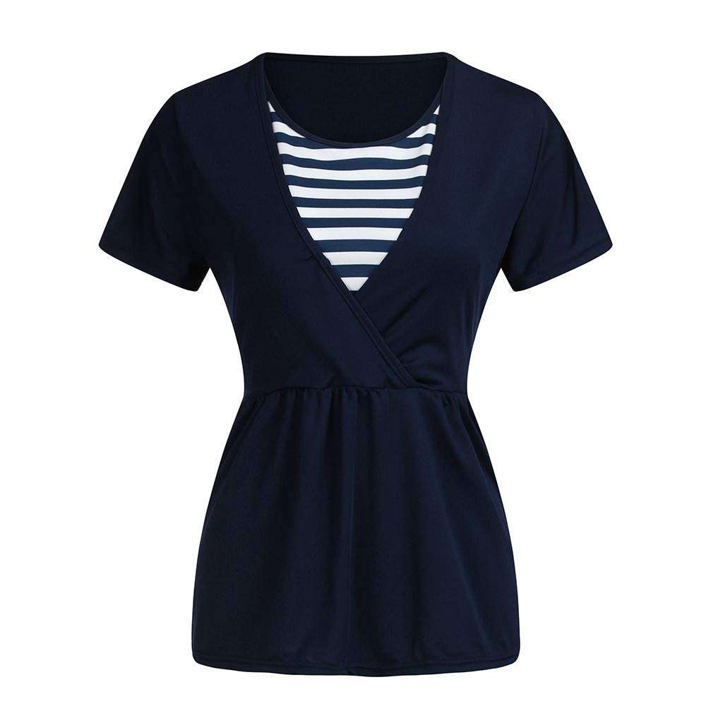 Women's Maternity Nursing Tops Patchwork Striped Double Layer Loose Pregnancy Breastfeeding T Shirt (L, Blue) 5