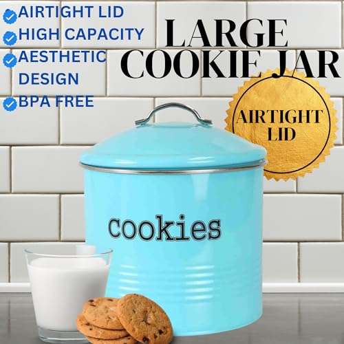 JOEY'Z Vintage Cookie Jar/Candy Jar/Cookie Tin with Airtight Lid Cookie Jars for Kitchen Counter (Turquoise Farmhouse Style) 4