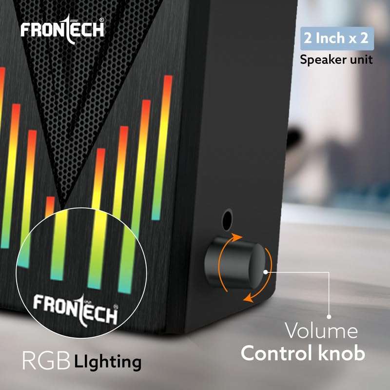 FRONTECH 2.0 USB Powered Multimedia Speakers with RGB Lights | 2 x 3W Drivers (5.2 cm) | AUX Connectivity | for Laptop, PC, Mobile | 1 Year Warranty (SPK-0006, Black) 5