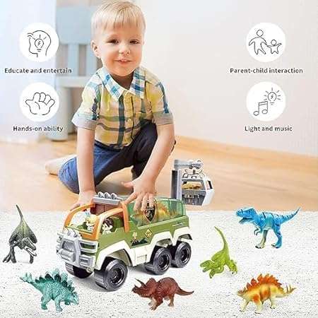 FREK SELAK Toddler Toys for 3 4 5 6 Years Old Boy, Dinosaur Truck Toy Car Transporter Carrier Set w/Dinosaur Figures & Mini Racing Car with Sound & Light, Car Toys Set for Age 3-9 Toddlers 6