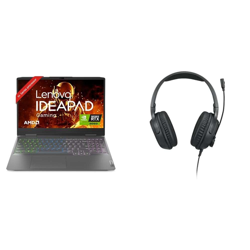 Lenovo IdeaPad Gaming 3 AMD Ryzen 5 6600H 15.6" (39.62cm) FHD IPS 120Hz Gaming Laptop (8GB/512GB SSD/Win11/Office/NVIDIA RTX 3050 4GB/Onyx Grey/2.32Kg), 82SB00V2IN + H100 IdeaPad Gaming Headset 1