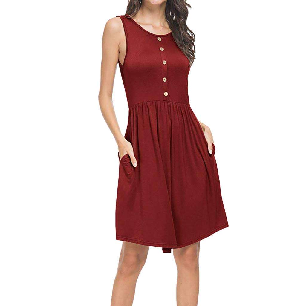 Women's Sleeveless Dresses Summer Casual Loose Swing T-Shirt Dress Pockets Button Solid Tank Dress Plus Size (L2, Red)