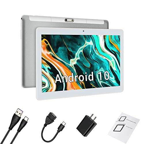 SZTPSLS Tablet 10.1 Inch Android 10.0 Tablet, Touchscreen Phone Tablets with Dual SIM Card Slot 2GB+32GB, Octa-Core, 128GB Expand Storage, HD 6000mAh, 2.4G Wi-Fi, Bluetooth, GPS (Silver) 1