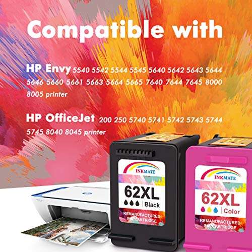 INKMATE Re-Manufactured Ink Cartridge Replacement for HP 62XL 62 XL for HP Officejet 5740 5742 5745 8040 8045 Envy 5540 5640 5642 5549 5660 7640 7644 7645 OfficeJet 200 250(2Black/2Tri-color, 4Pack) 5