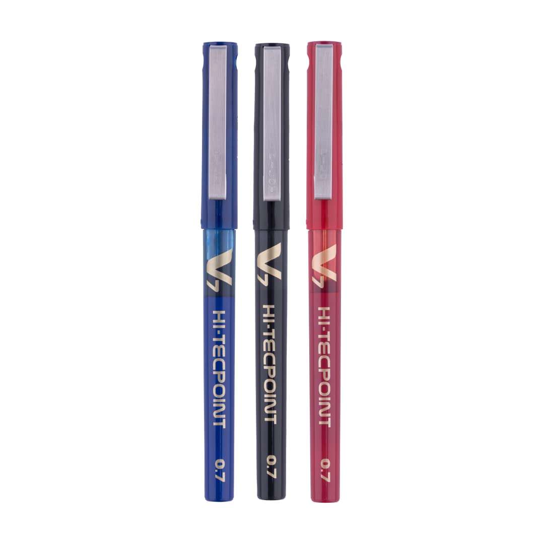 Pilot V7 Liquid Ink Roller Ball Pen (1 Blue + 1 Black + 1 Red),multicoloured,9000014717 & Luxor 969 OHP Fine Point Permanent Marker - Red - Set of 5 3