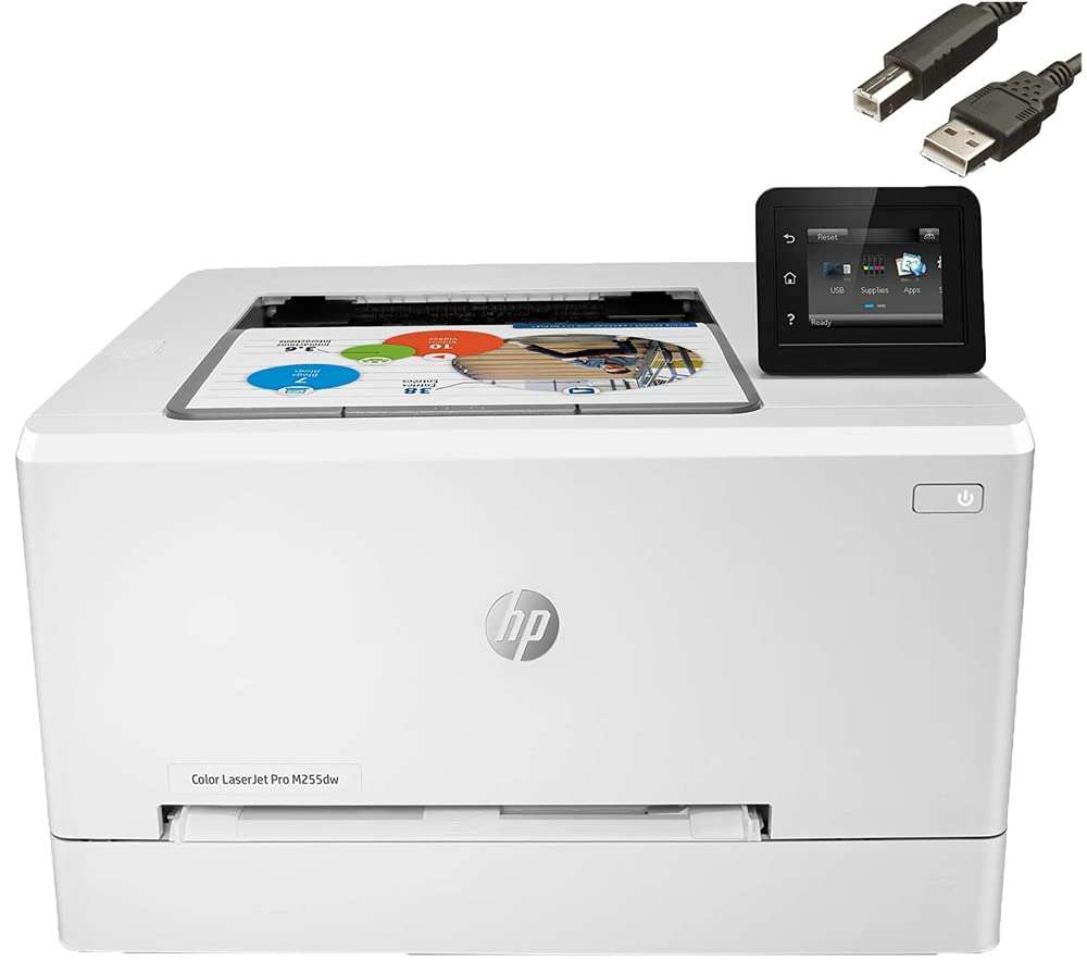 HP Color Laserjet Pro M255dw Wireless Laser Printer, Remote Mobile Print, Auto 2-Sided Printing, 22 ppm, 250-Sheet, Compatible with Alexa (7KW64A), White-Bundle with Printer Cable 1