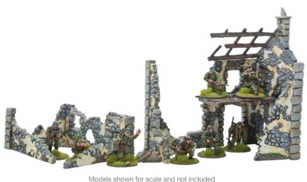 Warlord Bolt Action Ruined Hamlet 3 Buildings 1:56 WWII Military Wargaming Diorama Plastic Model Kit, Small, Unpainted 3