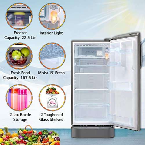 LG 190 L 5 Star Inverter Direct-Cool Single Door Refrigerator (GL-D201APZZ, Shiny Steel, Base stand with drawer, 2022 Model) 2