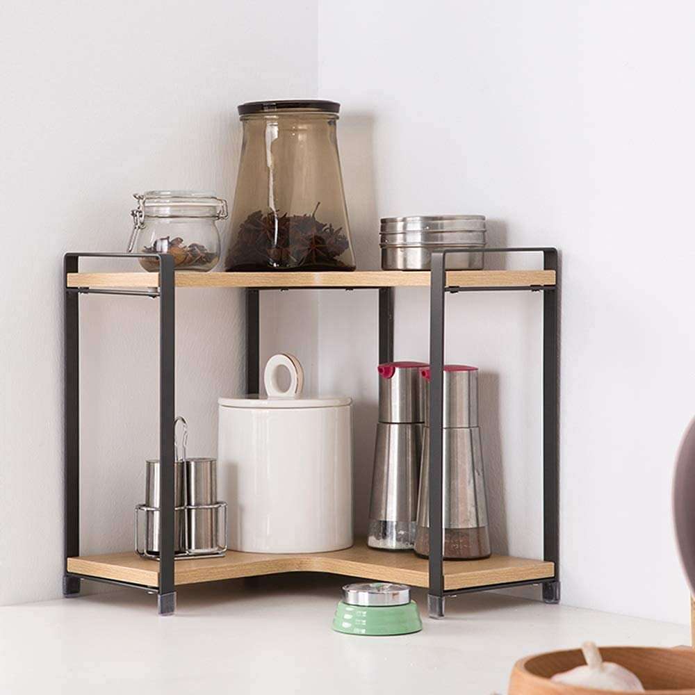 INDIAN DECOR. 299910 Wall Shelves Metal Storage Shelf + Wooden Corner 2 Layer Desktop Storage Rack Multifunction 30 * 30 * 30.5 CM 1