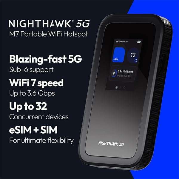 NETGEAR Nighthawk 5G Mobile Hotspot M7 with eSIM or SIM | Portable WiFi 7 Router for Travel in 140+ Countries | Supports 32 Devices | Unlocked 5G/4G LTE | 3.6Gbps Speed | AT&T, T-Mobile (MH7150) 3