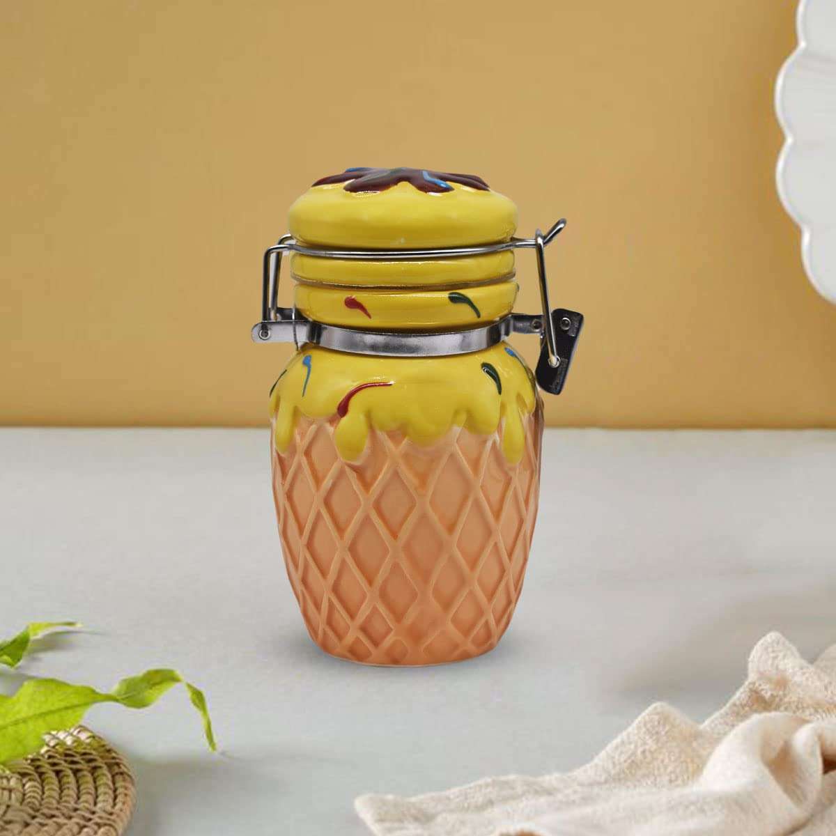 Kookee Ceramic Airtight Mini Canister Jar and Container for Kitchen Food Storage, Used to Store Candy, Salt, Pepper, Coffee, Tea, Sugar (Pack of 1) (150ml) (8629)