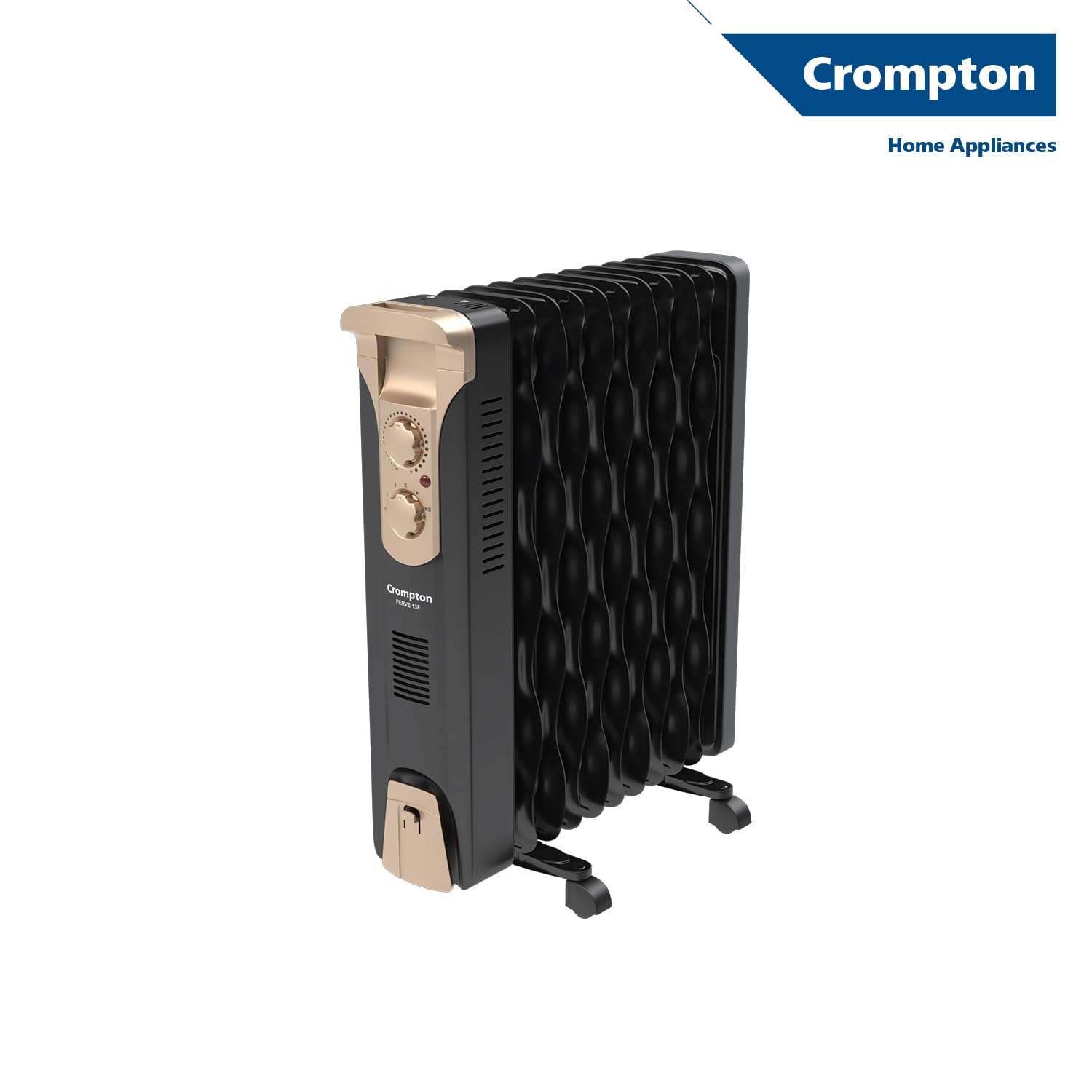 Crompton 09 Fin Insta Ferver wave Fin OFR (Oil Filled Radiator)|Room Heater|2400 W|3 Heat Settings & PTC Fan Heater|Over heat & Tilt protection |360° Heating (Black)|2yrs warranty|Black & Copper 3