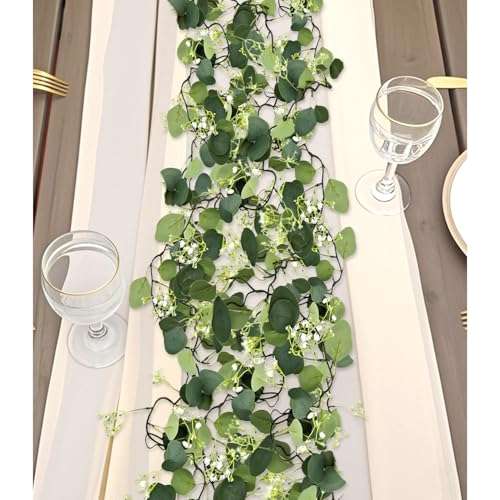 BLOSY 2 Pack Fake Vines with Eucalyptus Leaf & Flower, Artificial Ivy Garland for Room Decor, Green Flowers Hanging Plants Faux Greenery Leaves Bedroom Aesthetic for Home Garden Wall Wedding 1