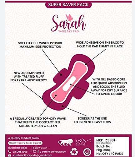 Sarah 40 Pads packet , Sarah Sanitary Pads XXL JUMBO 320mm Advance Cotton Gel Technology With Soft Wings (Pack Of 4 ) 5