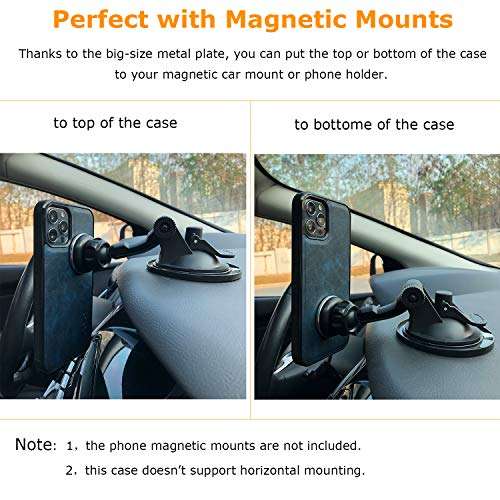 molzar GripBig Series iPhone 12 and 12 Pro Case with TPU and Faux Leather, Built-in Metal Plate for Magnetic Car Mount, Wireless Charging Support, Compatible with iPhone 12/12 Pro, Black/Blue 4