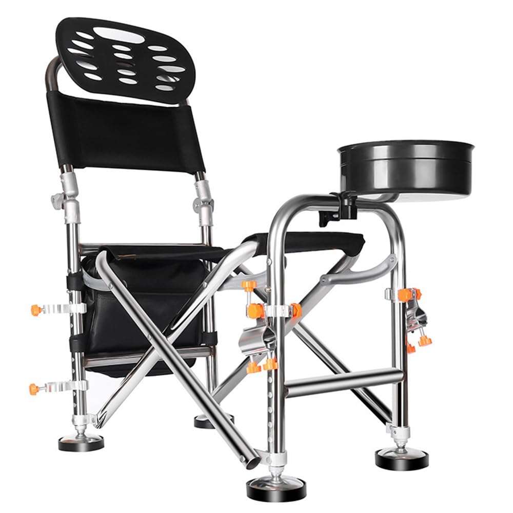 GLGGXBF Fishing Chair with Rod Holder, Folding Ice Fishing Chair, Multi-Functional Stainless Steel Fishing Stool, Height Retractable 10.5 Inch, Backrest Adjustable 180°, with Portable Storage Bag