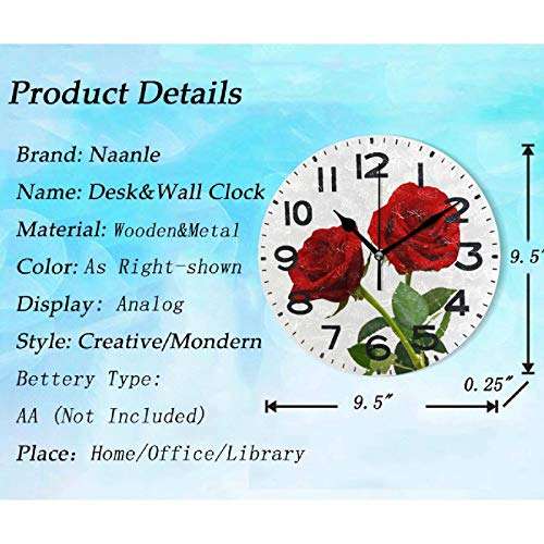 Naanle 3D Beautiful Couple Red Rose Flower Round Wall Clock, 9.5 Inch Battery Operated Quartz Analog Quiet Desk Clock for Home,Office,School 3
