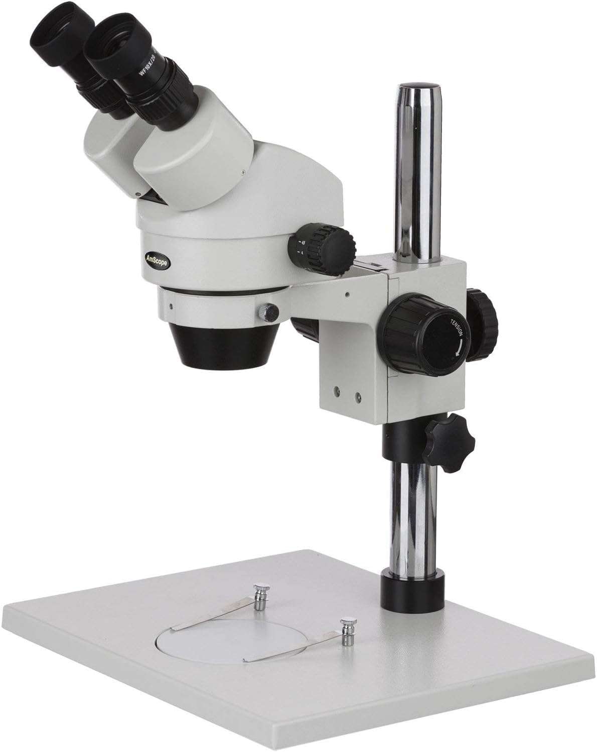 AmScope SM-1BX Professional Binocular Stereo Zoom Microscope, WH10x Eyepieces, 3.5X-45X Magnification, 0.7X-4.5X Zoom Objective, Ambient Lighting, Large Table Pillar Stand, Includes 0.5x Barlow Lens 1