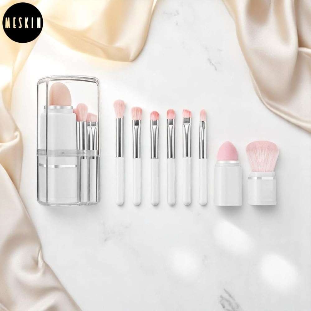 MESKIN Travel Makeup Brush Set (White) – 8-in-1 Portable Kit with Mini Foundation Brush, Powder & Blush Brushes, Eye Tools, Puff Sponge & Storage Organizer 6