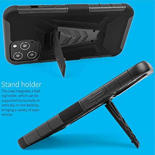 TKMore Dual-Layer Cell Phone Case for Apple iPhone12ProMax with Belt Clip Holster and Kickstand Holder Anti-Knock Cover Black 5