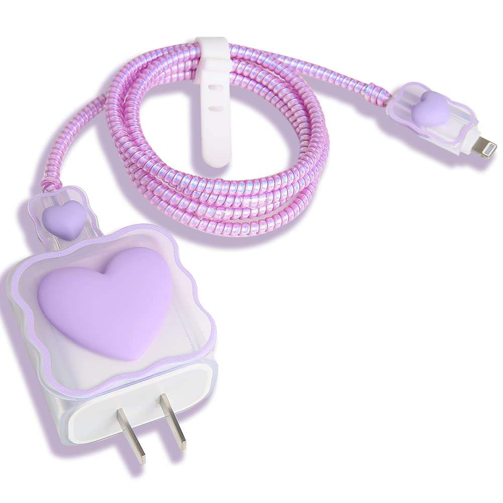 QLD COVER Compatible with iPhone 18W/20W USB-C Charger Cover Lovely 3D Love Heart Waves Clear Soft Charger Protector Cute Cable Saver for iPhone 11 12 13 14 Pro Max Fast Power Adapter, Purple 1 (5in1)