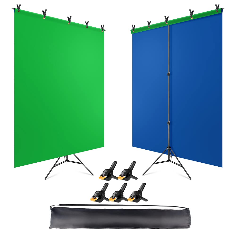 JEBUTU Blue Green Screen Backdrop with Stand, 6.5x5ft(HxW) Green Screen Stand, Portable 2-in-1 Blue Greenscreen Background with T-Shape Backdrop Stand, Clips & Carry Bag for Streaming Zoom Photography