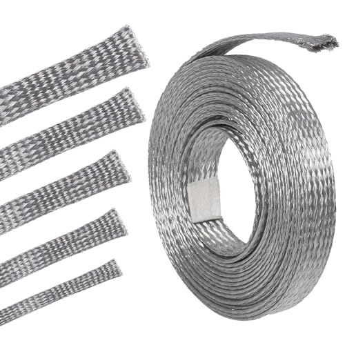 Tinned Copper Wire Grounding Braid Cable Shielding Sleeve Metal Wire Sheathing Flat Mesh Flexible Expandable (11/16 in Wide(0.44 in Dia)-15ft)