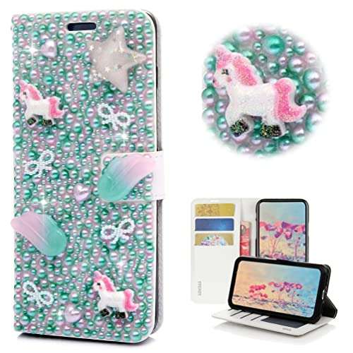STENES Bling Wallet Phone Case Compatible with Moto G Play 2021 Case - Stylish - 3D Handmade Crystal Unicorn Star Bowknot Magnetic Wallet Magnetic Wallet Stand Leather Cover Case - Fantasy 1
