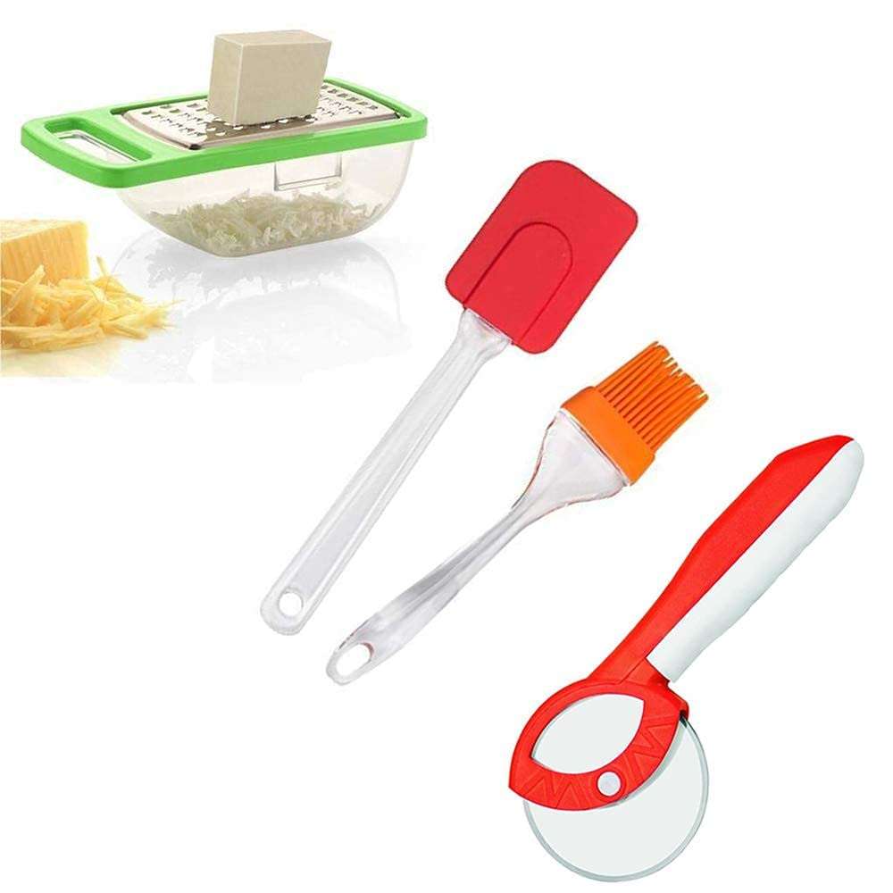 Hetarmi Kitchen Combo of Steel Blade Pizza Cutter with Silicone Spatula and Oil Brush Set (Pizza + Spechula +Oil Brush+Cheez Grater)-Multicolor.. 1