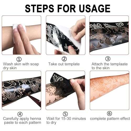 12 Sheets Henna Stencils Kit for Hand Forearm Glitter Airbrush DIY Tattooing Template, Indian Temporary Tattoo Stickers Mehndi Stencils for Hand Body Art 6
