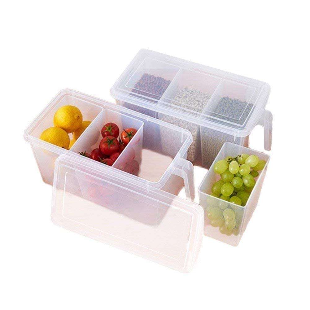 Black SEA Refrigerator Organizer Container Square Handle Food Storage Organizer Boxes - Clear with Lid, Handle and 3 Smaller Bins - 3 L Plastic Fridge Container (1pcs) 1