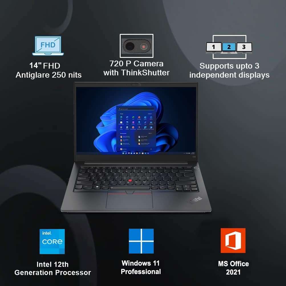 Lenovo ThinkPad E14 (2024) Intel Core i5 12th Gen 1245U (16GB RAM/512GB SSD/Windows 11 Pro/FPR/Backlit Keyboard/Black/1.59 kg/MS Office 2021), 14" FHD Thin and Light Business Laptop 3