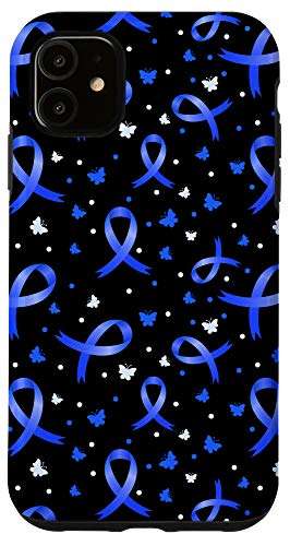 iPhone 11 Blue Ribbons and Butterflies Pattern Colon Cancer Awareness Case 1