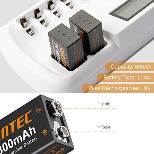 Shentec 9V Rechargeable Lithium Batteries, 800mAh Low Self-Discharge Square 9 Volt LithiumBattery for Alarms, Wireless Microphones, Smoke Detectors, Toys, Flashlights and More(4-Pack) 2