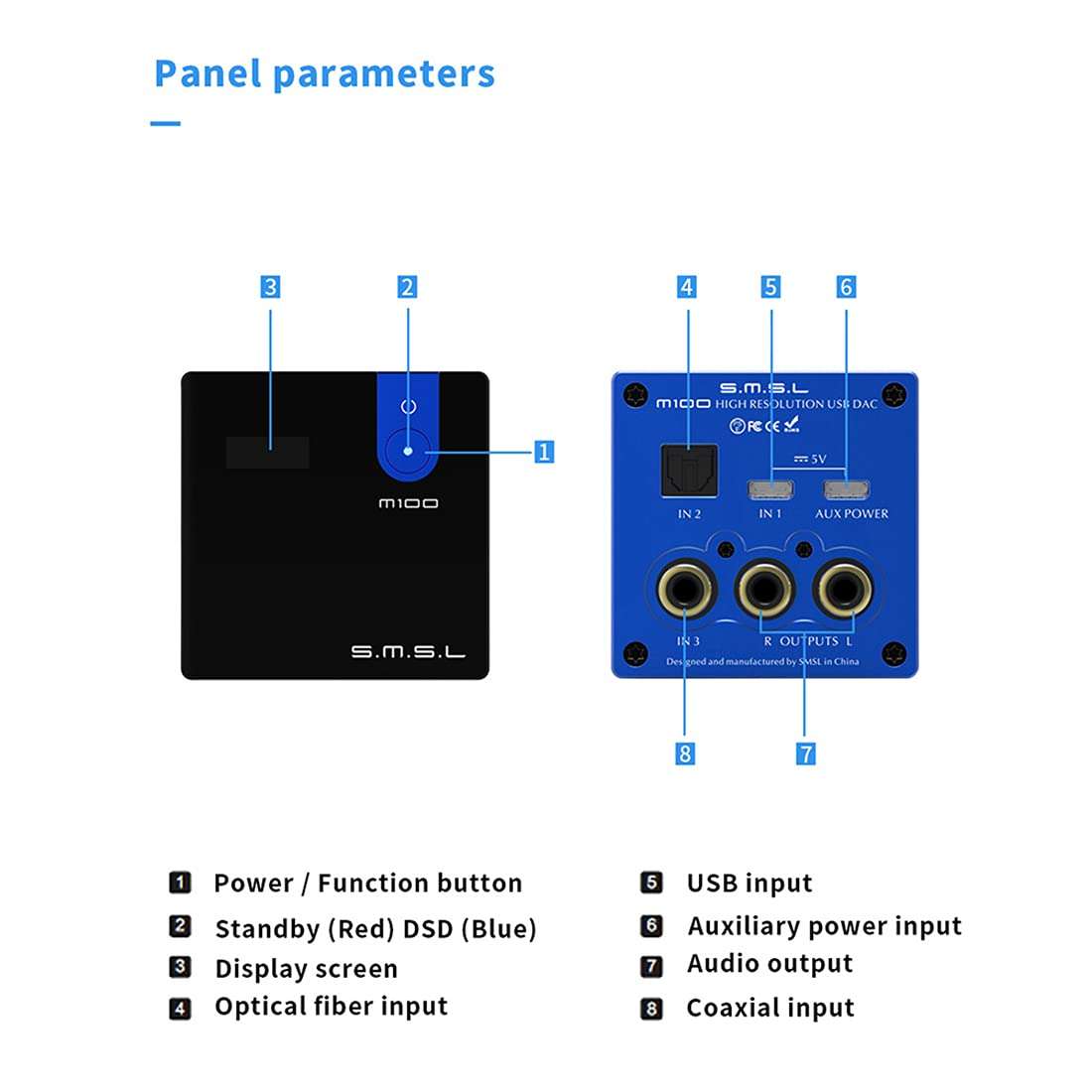 SMSL M100 USB DAC AK4452 DSD512 32Bit/768kHz Coaxial Optical OTG Input AUX Power Hifi Audio Decoder (Black) 2