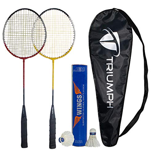 Triumph Carbon Fiber Frame and Wooden Badminton Racquet, Set- 2 Pc with 10 Pc Triumph Wings Feather Shuttlecock and Full Racket Cover to Carry Both Rackets, Perfect for Adults (Multicolour)
