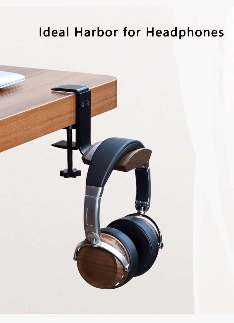 Jcurycke Headphone Holder with 6cm Wide Walnut Headrest,Adjustable Clamp-on Headset Stand Desk Headset Holder for Over Ear and Gaming 2