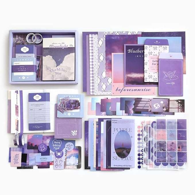 Cannagenix 346 Pcs Moonlight Scrapbook Kit Daily Journal Scrapbooking A6 Grid Notebook, Summer Craft ATR Stationery DIY Journaling Craft Kit Gift for Girls, Woman, Kids, Teen