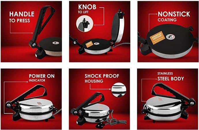 BAJAJ VACCO® Electric Go-Ezzee Chapati/Roti/Khakhra Maker C-02 Wattage 900, Stainless Steel, Black 6