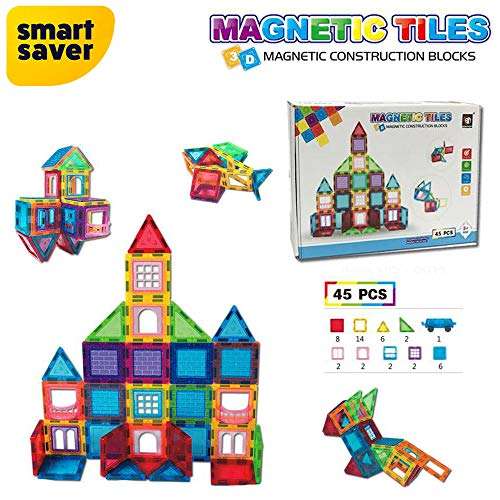 Smart Saver Magnetic Blocks for Kids Tiles - 45 Pieces Set Gifts for Girls, Boys, Magnetic Blocks for Kids 3+ Years, 4 5 6 7 8 9 10/ Constructing & Learning Builder Educational Kids Magnetic Blocks Game 1