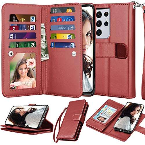 Njjex Wallet Case for Samsung Galaxy S21 Plus 5G, for Galaxy S21 Plus Case 6.7", [9 Card Slots] PU Leather Credit Holder Folio Flip [Detachable] Kickstand Magnetic Phone Cover & Lanyard [Wine Red] 1