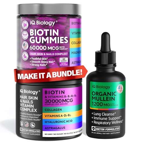 IQ BIOLOGY Biotin & Mullein Bundle - Hair Growth, Skin & Nails Vitamins, Respiratory Support - Biotin Capsules, Gummies, Mullein Drops, Immune & Respiratory Boost | 60 Caps + 60 Gummies + 2 Fl Oz 1