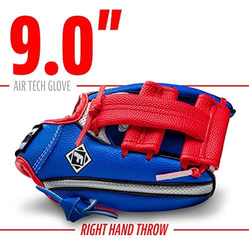 Franklin Sports Kids Baseball Glove + Ball Set - Air Tech Youth Teeball Glove - Boys + Girls Children's Glove + Ball - Right Hand Throw - Blue, Red and Silver, 9" 2