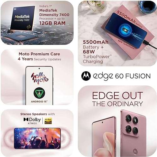 Motorola Edge 60 Fusion 5G (Pantone Zephyr, 8GB RAM, 128GB Storage) | 6.67" pOLED Display | IP68 | 50MP+13MP Rear | 32MP Front Camera | MediaTek 7400 Processor| 5500mAh Battery | 68W Turbo Charger 3