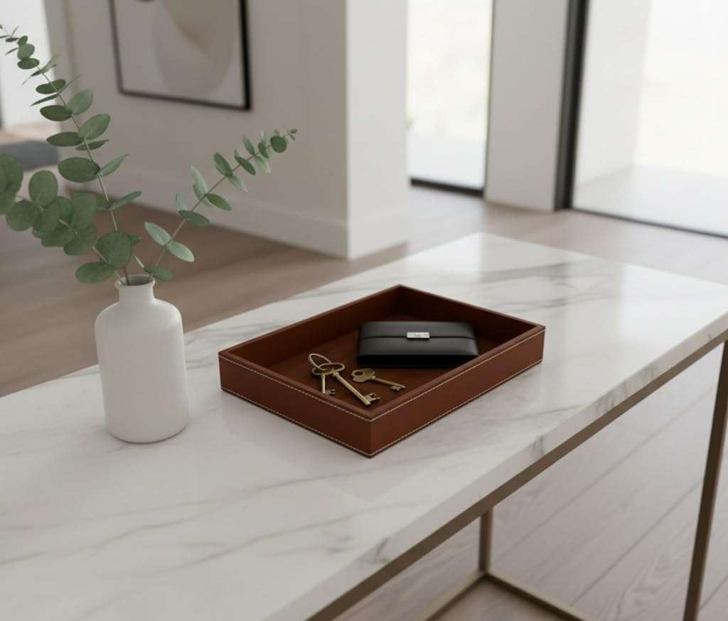 Leather Valet Tray, Tan, Desk Organizer with Stitching, 10x8x1.5 Inch 5