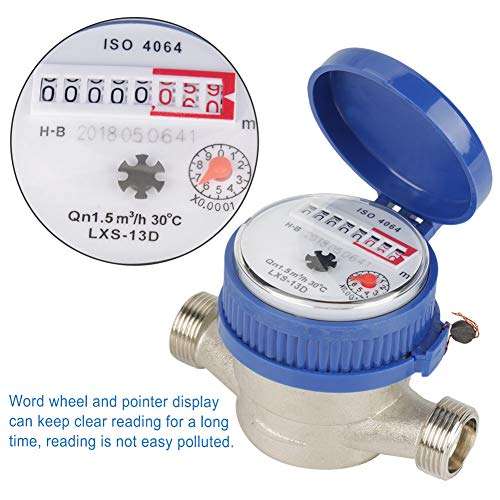 Vertically Horizontally Water Flow Meter 1/2 Inch Cold Water Meter Plastic Cover Home Usage 1.5 Nominal Flow-Rate for Garden Outdoor Home Usage with Fittings 5